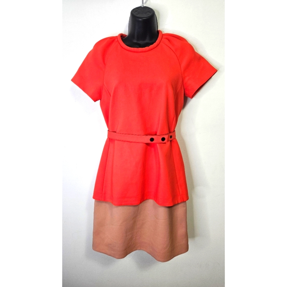 Victoria Beckham Belted Mini Dress Sz 2 Color Block Orange Nude Designer Luxury